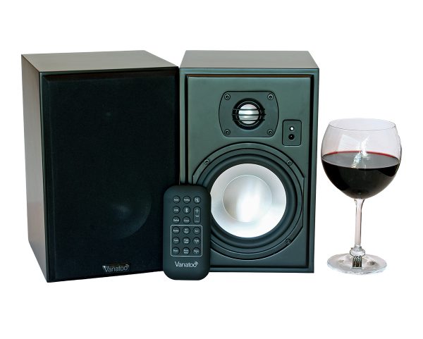 Front view Vanatoo T1E speakers with remote control